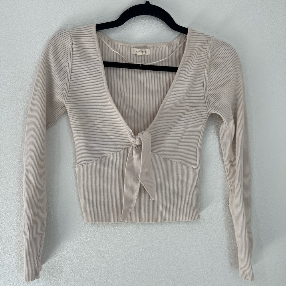 La Hearts Cream Ribbed Tie-Front Sweater